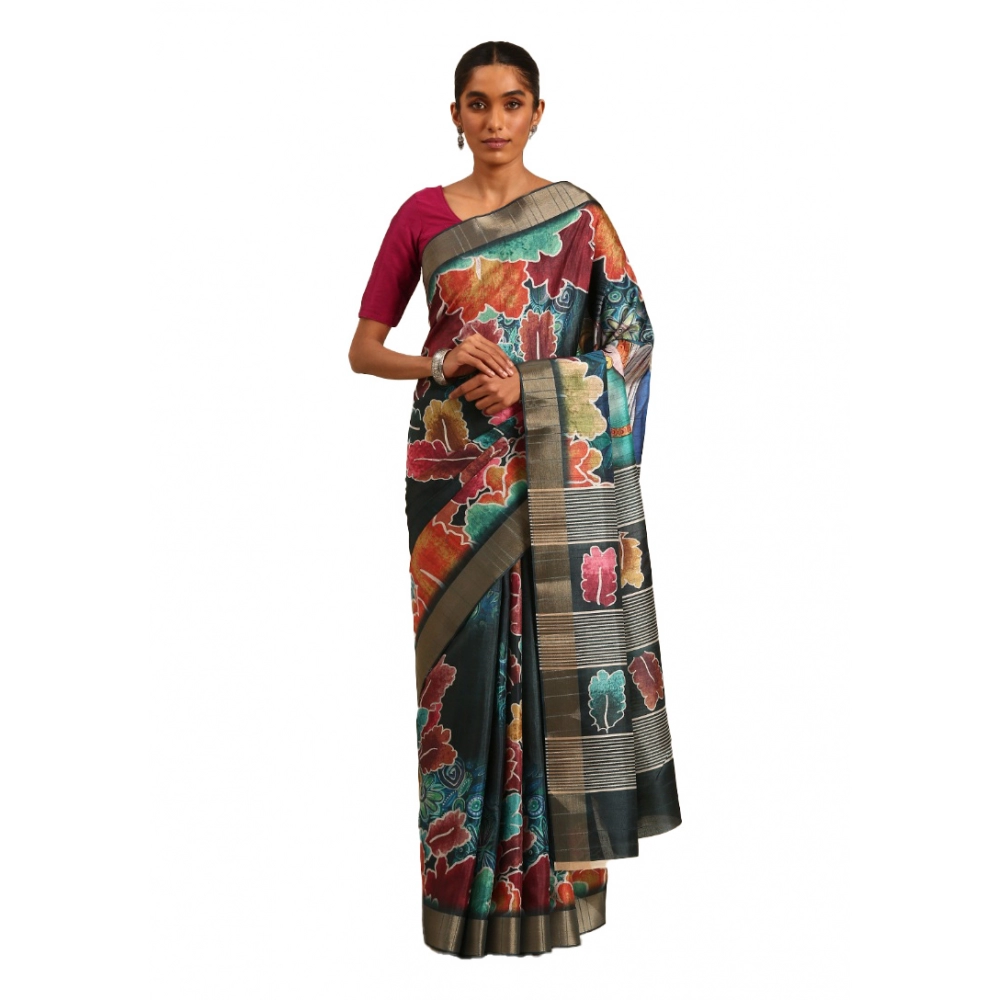 Generic Women's Cotton Printed Saree With Unstitched Blouse 5.5Mtr (Multicolor)