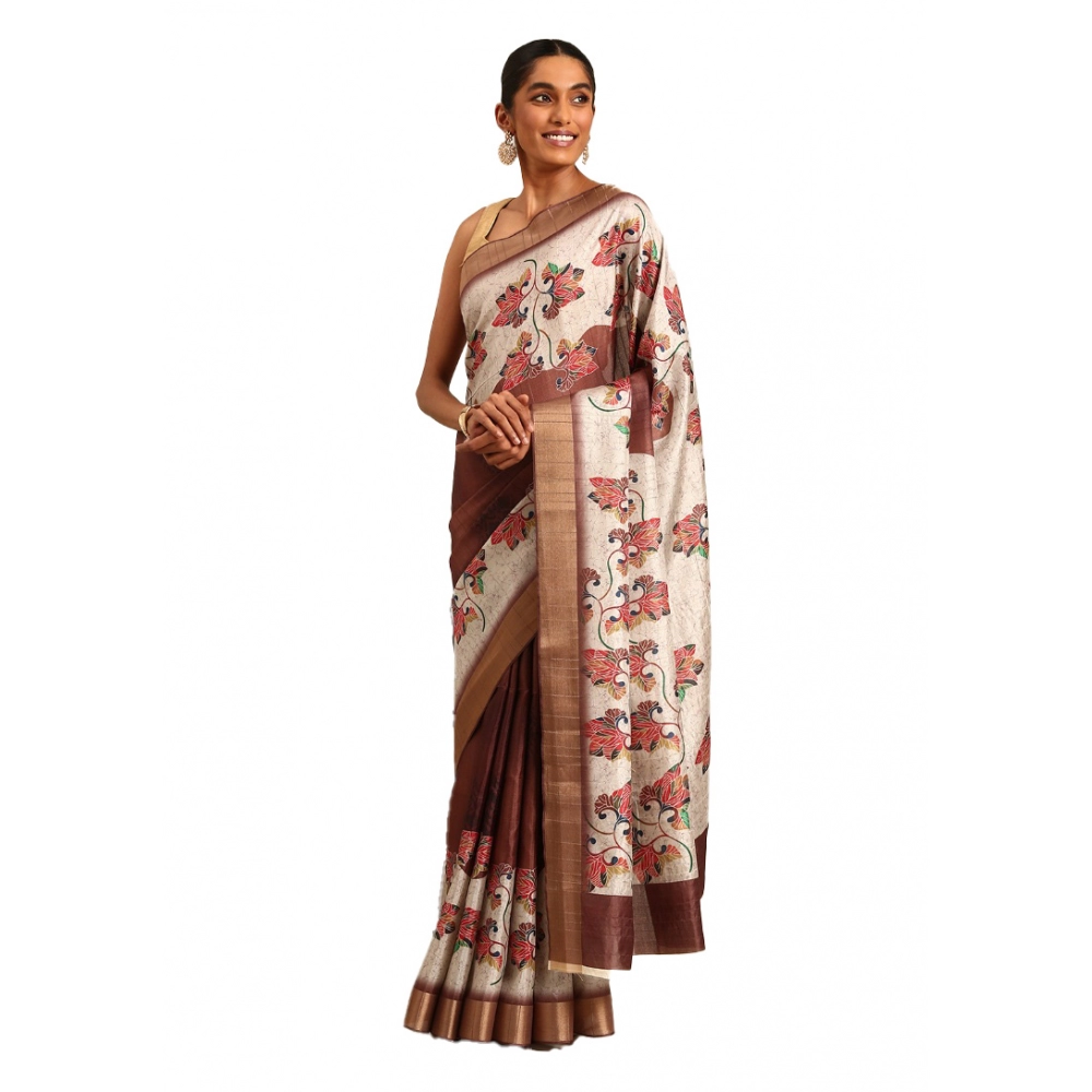 Generic Women's Cotton Printed Saree With Unstitched Blouse 5.5Mtr (Cream)