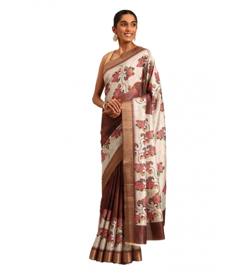 Generic Women's Cotton Printed Saree With Unstitched Blouse 5.5Mtr (Cream)