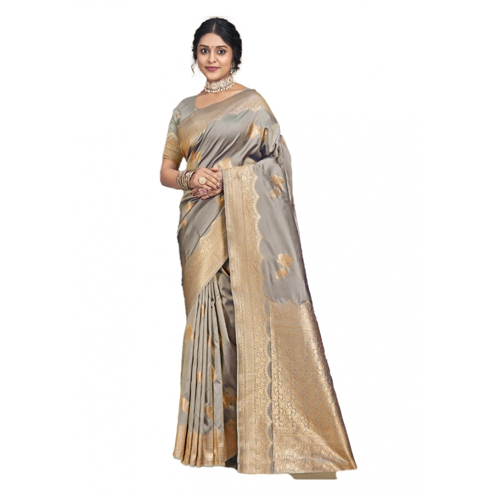Generic Women's Silk Woven Design Saree With Unstitched Blouse 5.5Mtr (Grey)