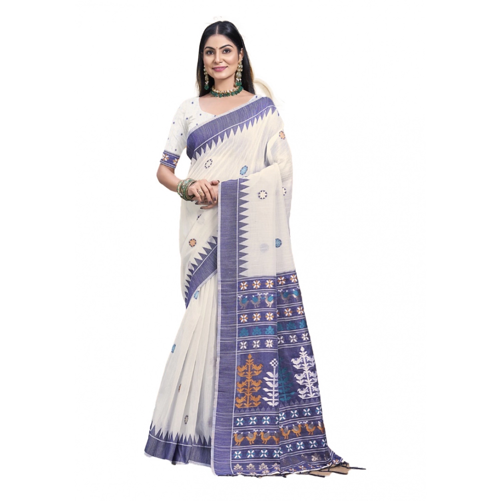 Generic Women's Cotton Printed Saree With Unstitched Blouse 5.5Mtr (Cream)