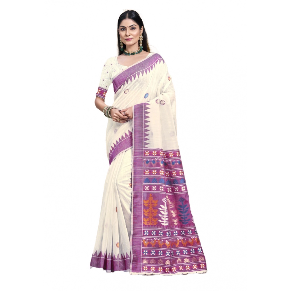 Generic Women's Cotton Printed Saree With Unstitched Blouse 5.5Mtr (Lavender)
