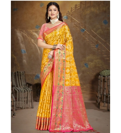 Generic Women's Silk Woven Design Saree With Unstitched Blouse 5.5Mtr (Yellow)