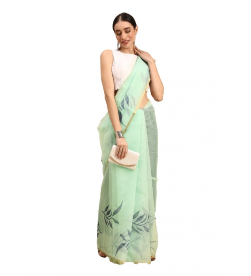 Generic Women's Organza Floral Print Saree With Unstitched Blouse 5.5Mtr (Sea Green)