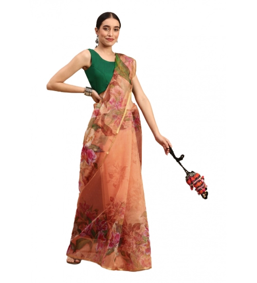Generic Women's Organza Printed Saree With Unstitched Blouse 5.5Mtr (Peach)