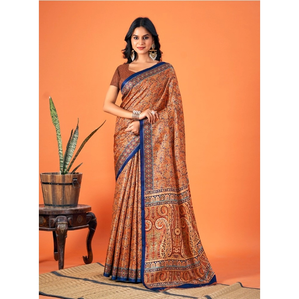 Generic Women's Polyester Printed Saree With Unstitched Blouse 5.5Mtr (Multicolor)