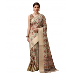 Generic Women's Cotton Printed Saree With Unstitched Blouse 5.5Mtr (White-Red)