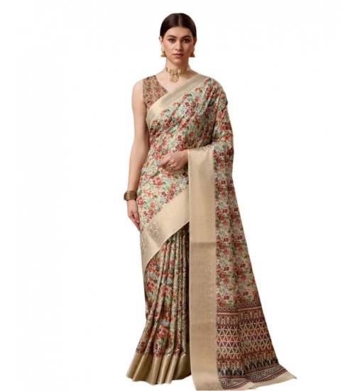 Generic Women's Cotton Printed Saree With Unstitched Blouse 5.5Mtr (White-Red)