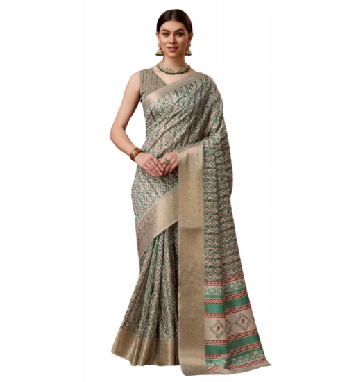 Generic Women's Cotton Printed Saree With Unstitched Blouse 5.5Mtr (Turquoise)