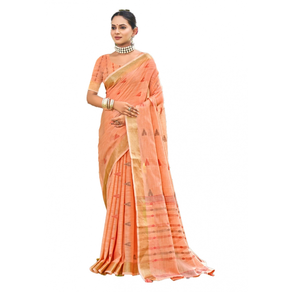 Generic Women's Cotton Printed Saree With Unstitched Blouse 5.5Mtr (Peach)