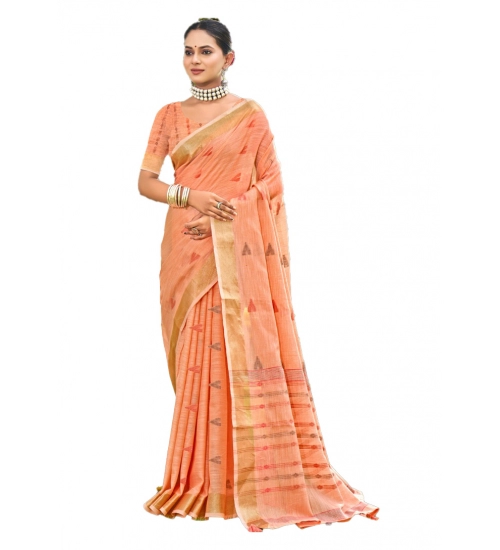 Generic Women's Cotton Printed Saree With Unstitched Blouse 5.5Mtr (Peach)