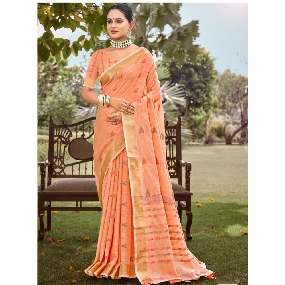 Generic Women's Cotton Printed Saree With Unstitched Blouse 5.5Mtr (Peach)