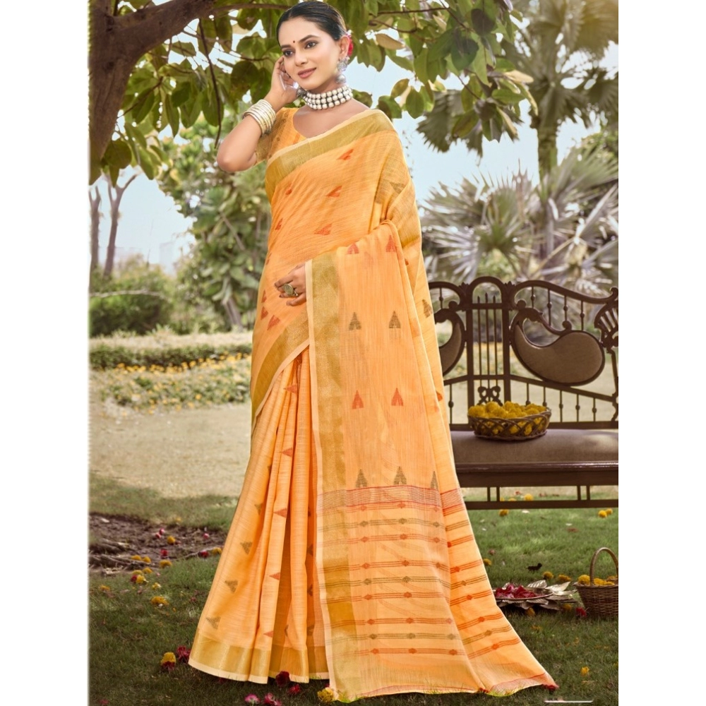 Generic Women's Cotton Printed Saree With Unstitched Blouse 5.5Mtr (Orange)