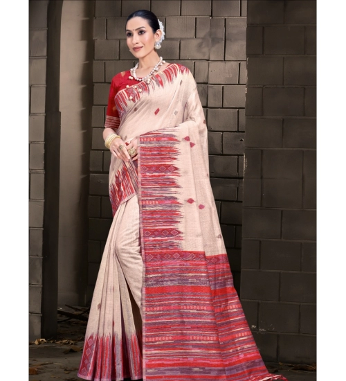 Generic Women's Cotton Printed Saree With Unstitched Blouse 5.5Mtr (Cream-Red)