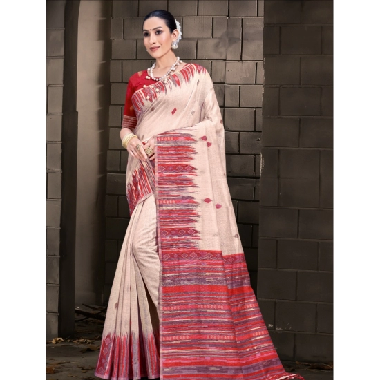 Generic Women's Cotton Printed Saree With Unstitched Blouse 5.5Mtr (Cream-Red)