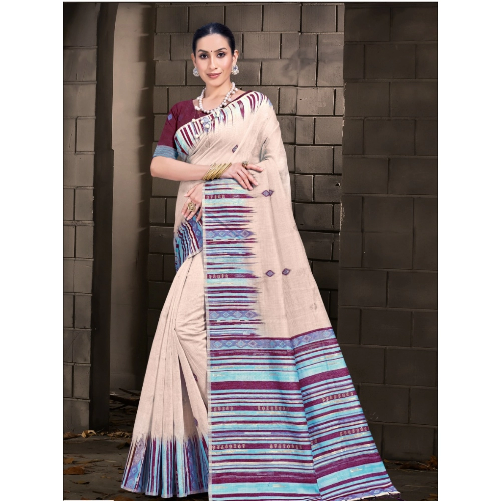 Generic Women's Cotton Printed Saree With Unstitched Blouse 5.5Mtr (Cream)