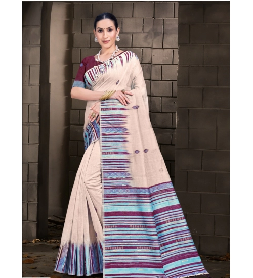 Generic Women's Cotton Printed Saree With Unstitched Blouse 5.5Mtr (Cream)