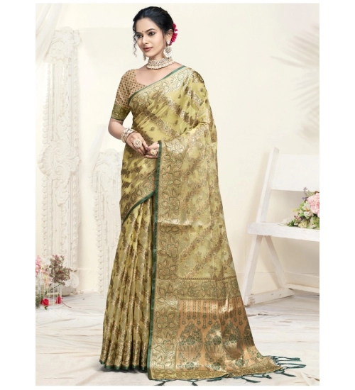 Generic Women's Organza Woven Design Saree With Unstitched Blouse 5.5Mtr (Light-Yellow)