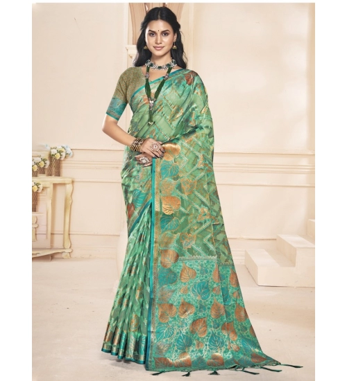 Generic Women's Organza Woven Design Saree With Unstitched Blouse 5.5Mtr (Green)