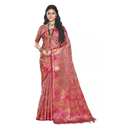 Generic Women's Organza Woven Design Saree With Unstitched Blouse 5.5Mtr (Pink)