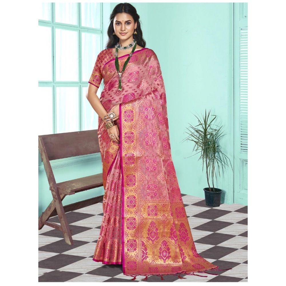 Generic Women's Organza Woven Design Saree With Unstitched Blouse 5.5Mtr (Pink)