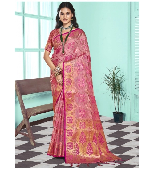 Generic Women's Organza Woven Design Saree With Unstitched Blouse 5.5Mtr (Pink)