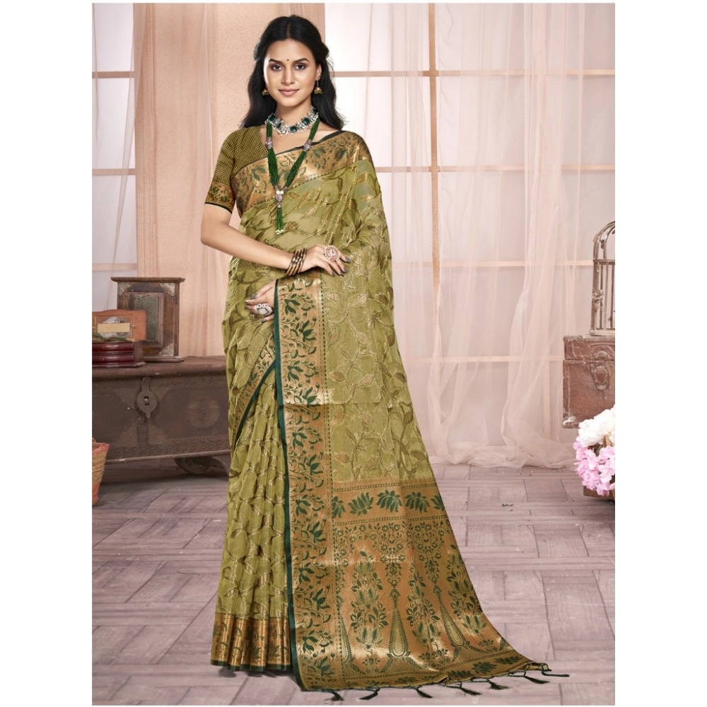 Generic Women's Organza Woven Design Saree With Unstitched Blouse 5.5Mtr (Olive-green)