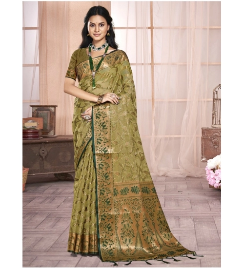 Generic Women's Organza Woven Design Saree With Unstitched Blouse 5.5Mtr (Olive-green)