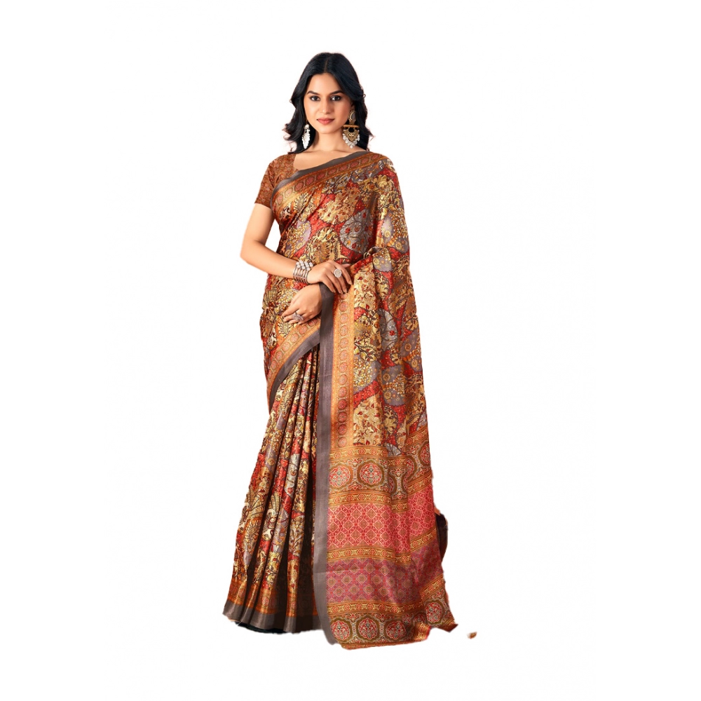Generic Women's Polyester Printed Saree With Unstitched Blouse 5.5Mtr (Brown)