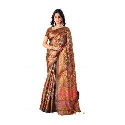 Generic Women's Polyester Printed Saree With Unstitched Blouse 5.5Mtr (Brown)