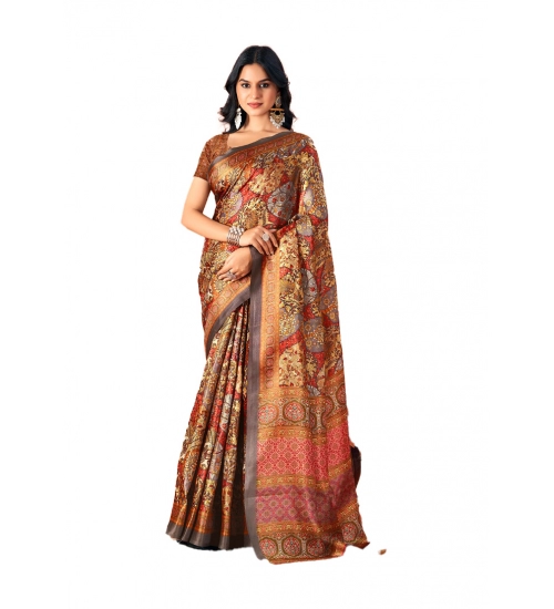 Generic Women's Polyester Printed Saree With Unstitched Blouse 5.5Mtr (Brown)