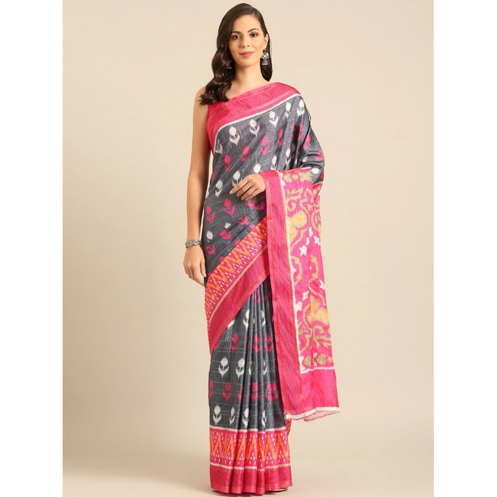 Generic Women's Cotton Printed Saree With Unstitched Blouse 5.5Mtr (Grey-Pink)