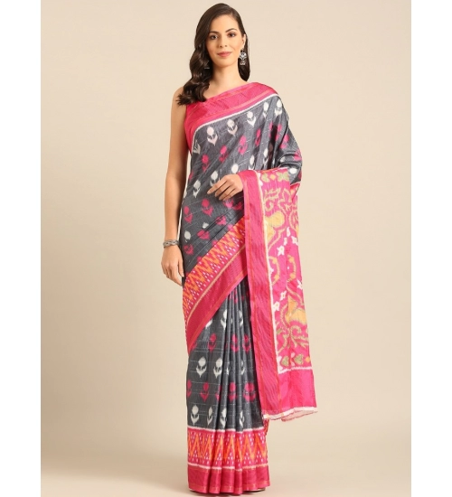 Generic Women's Cotton Printed Saree With Unstitched Blouse 5.5Mtr (Grey-Pink)