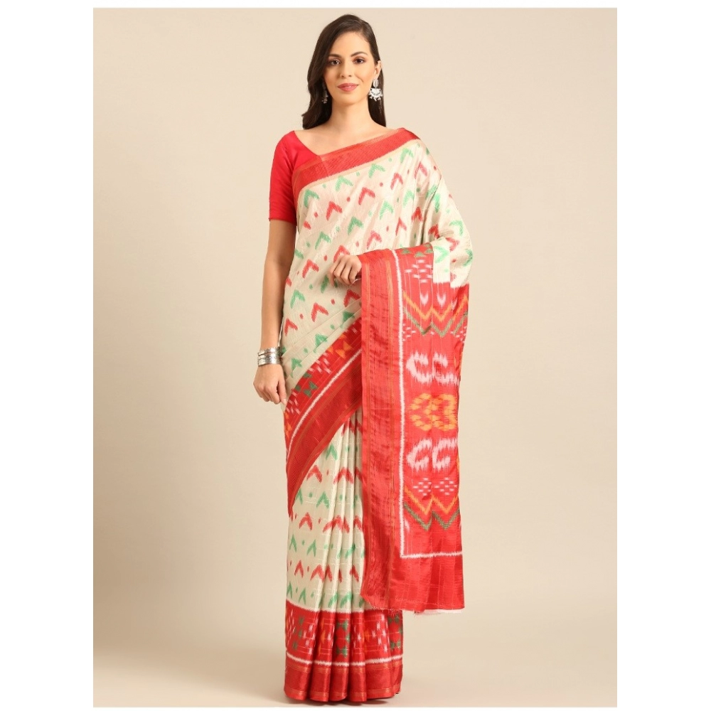 Generic Women's Cotton Printed Saree With Unstitched Blouse 5.5Mtr (Off-white)