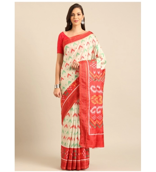 Generic Women's Cotton Printed Saree With Unstitched Blouse 5.5Mtr (Off-white)