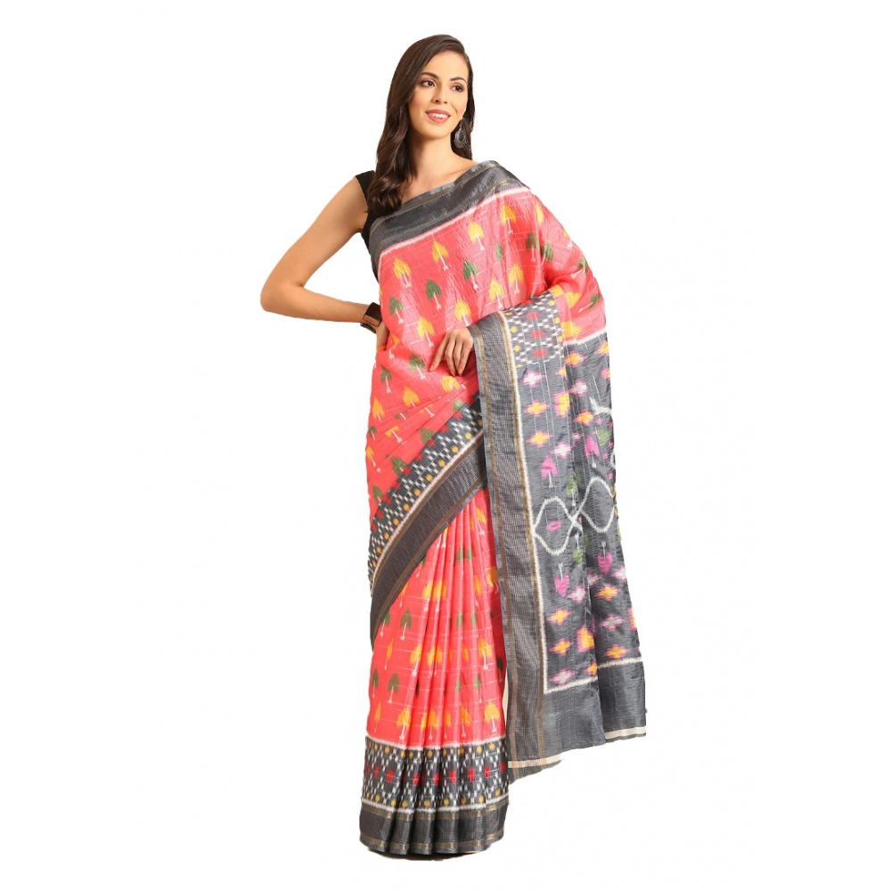 Generic Women's Cotton Printed Saree With Unstitched Blouse 5.5Mtr (Pink-Grey)