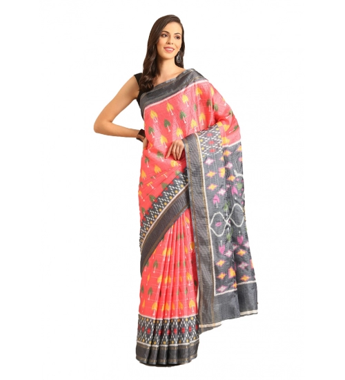 Generic Women's Cotton Printed Saree With Unstitched Blouse 5.5Mtr (Pink-Grey)
