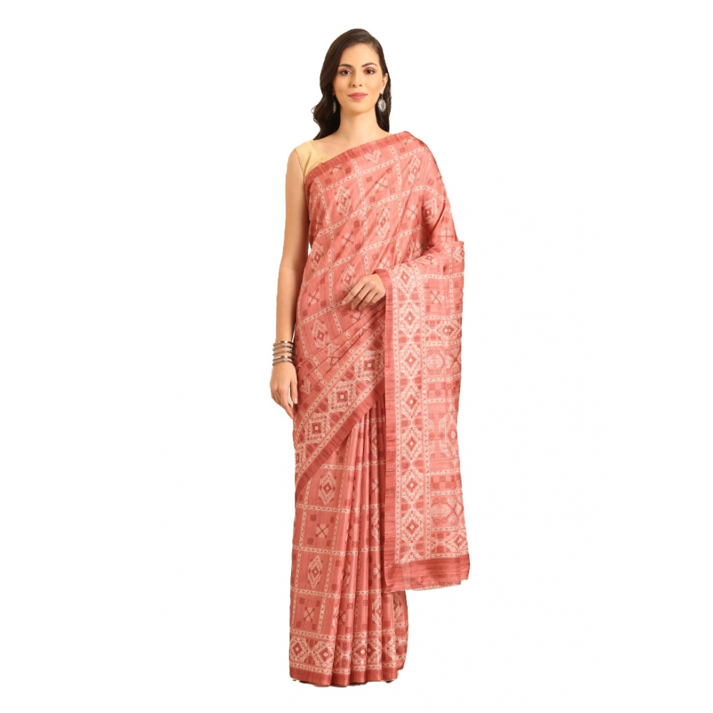 Generic Women's Cotton Printed Saree With Unstitched Blouse 5.5Mtr (Peach)