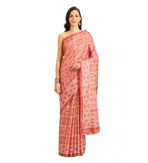Generic Women's Cotton Printed Saree With Unstitched Blouse 5.5Mtr (Peach)