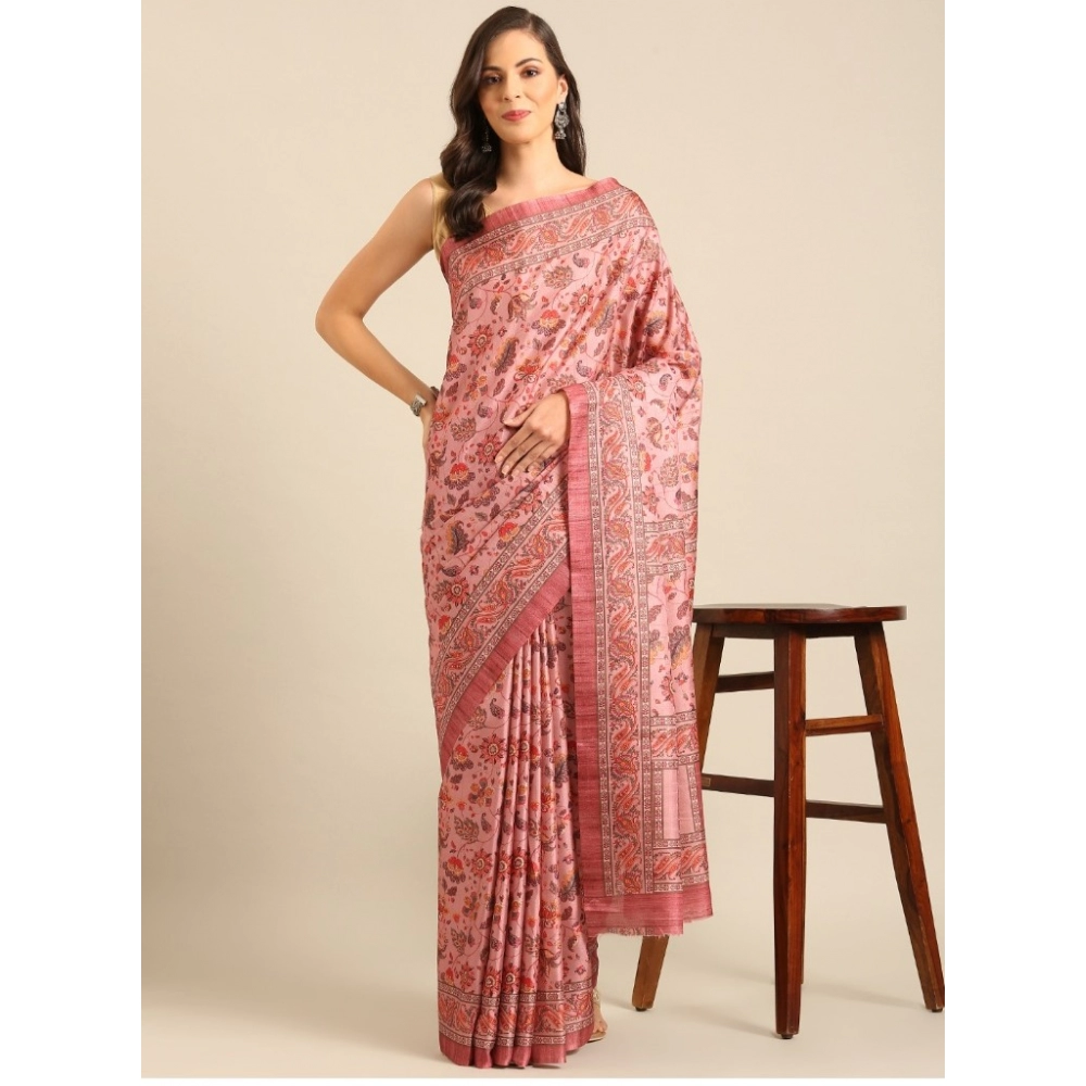 Generic Women's Cotton Printed Saree With Unstitched Blouse 5.5Mtr (Pink)