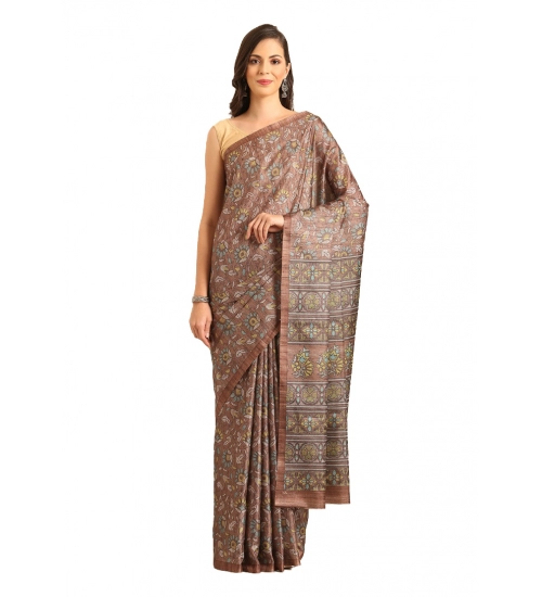 Generic Women's Cotton Printed Saree With Unstitched Blouse 5.5Mtr (Brown-Yellow)