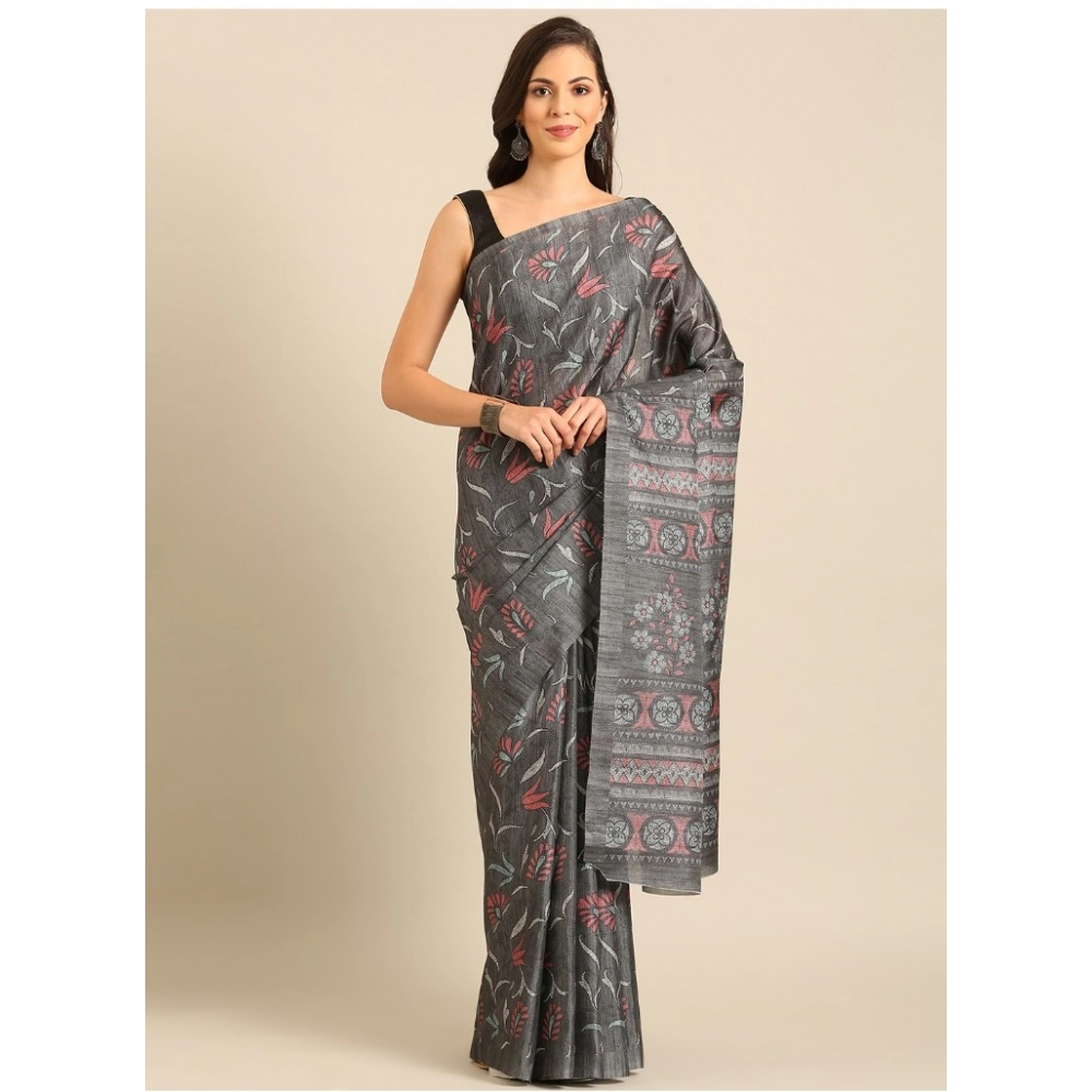 Generic Women's Cotton Printed Saree With Unstitched Blouse 5.5Mtr (Grey)