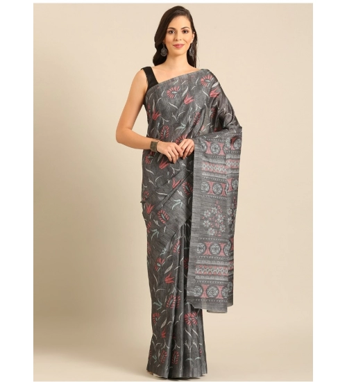 Generic Women's Cotton Printed Saree With Unstitched Blouse 5.5Mtr (Grey)