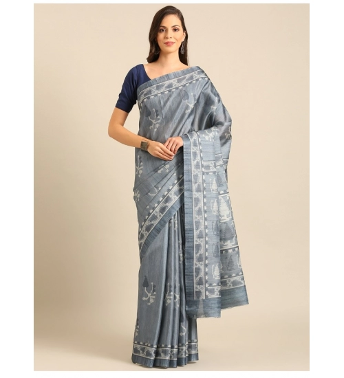 Generic Women's Cotton Printed Saree With Unstitched Blouse 5.5Mtr (Grey)