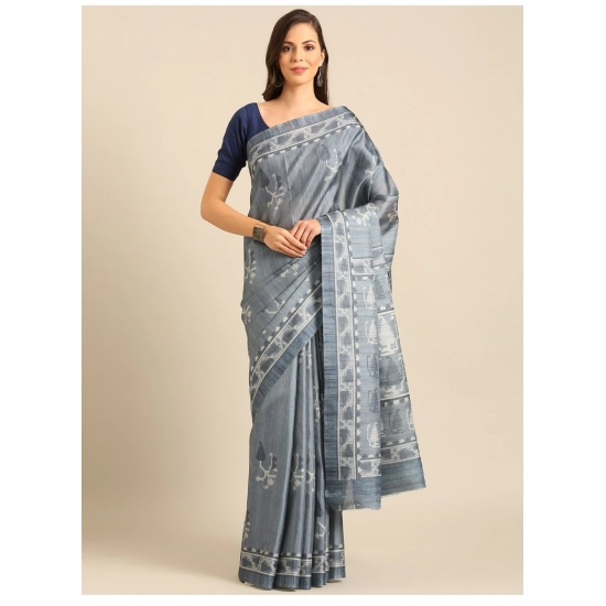Generic Women's Cotton Printed Saree With Unstitched Blouse 5.5Mtr (Grey)