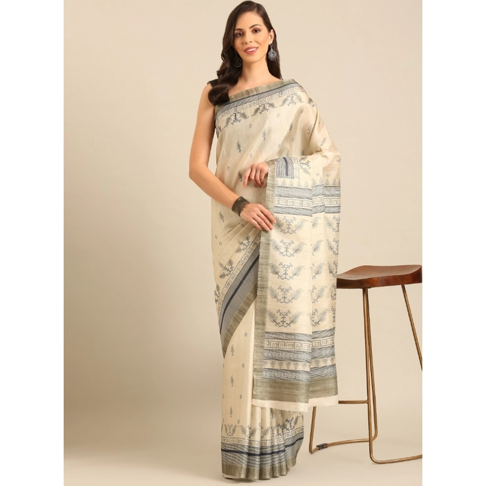 Generic Women's Cotton Printed Saree With Unstitched Blouse 5.5Mtr (Cream)