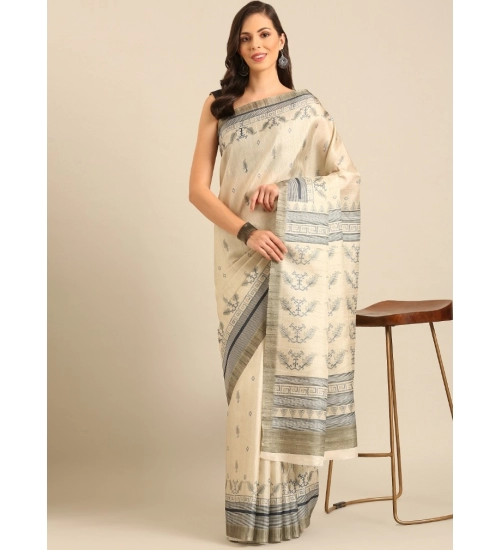 Generic Women's Cotton Printed Saree With Unstitched Blouse 5.5Mtr (Cream)