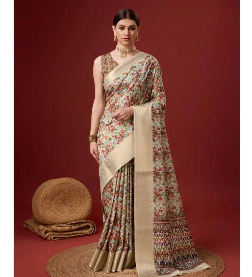 Generic Women's Cotton Printed Saree With Unstitched Blouse 5.5Mtr (White-Red)