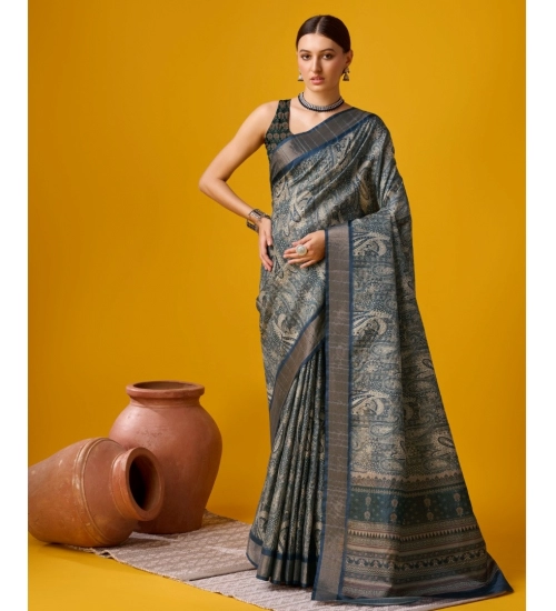 Generic Women's Cotton Printed Saree With Unstitched Blouse 5.5Mtr (Blue)