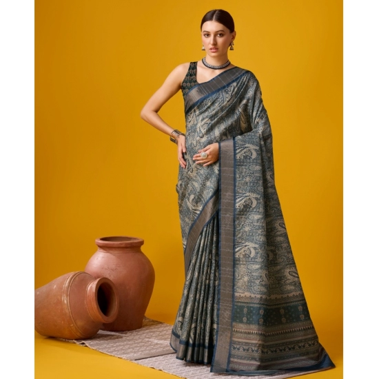Generic Women's Cotton Printed Saree With Unstitched Blouse 5.5Mtr (Blue)